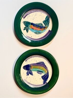 (2) Dinner Plates Backsplash Pottery Julie Ueland White Salmon, WA 1999 Fish